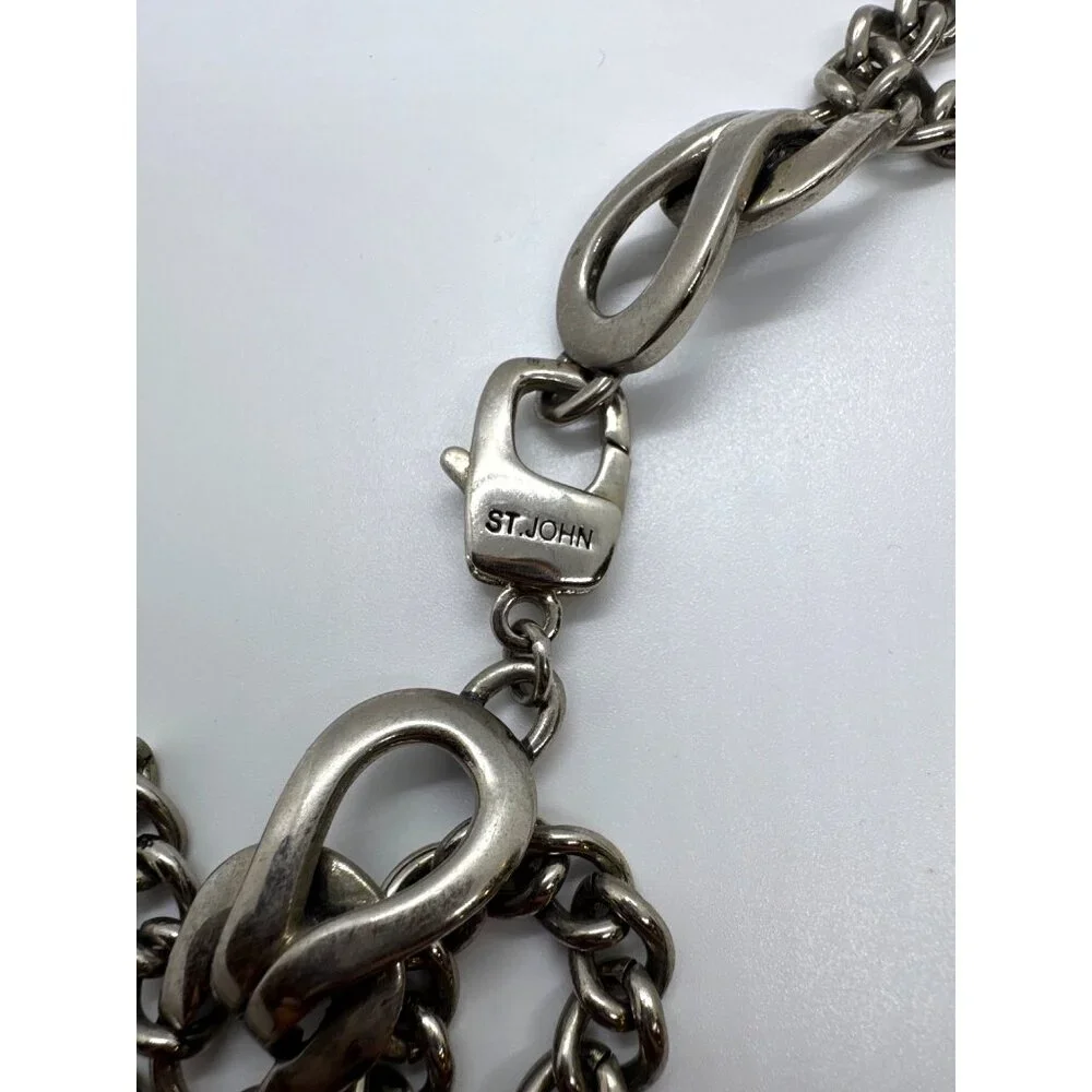 St. John Necklace Hammered Silver-Tone Chain Statement Collar Modernist Bib